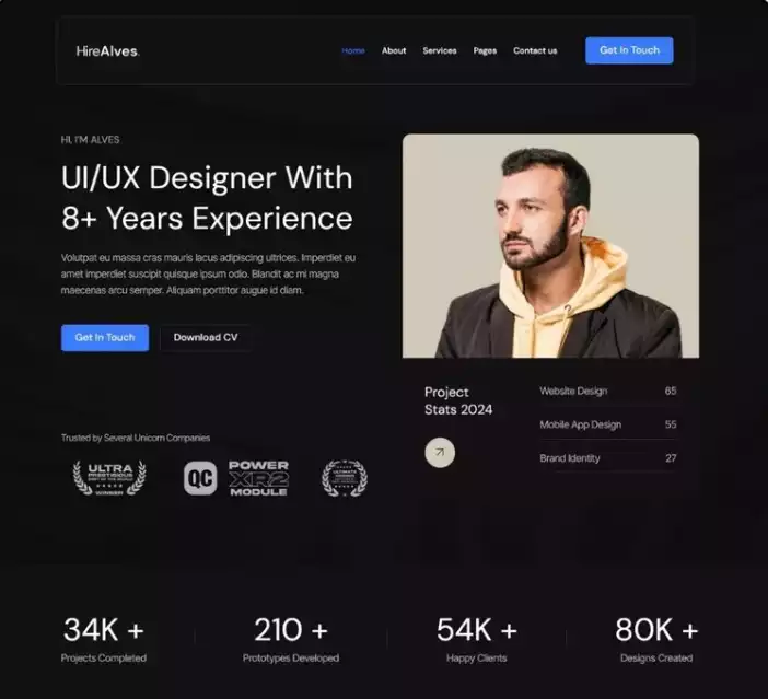 Modernes Lebenslauf Website Design Beispiel für UI/UX Designer – Beispiel mit Foto, Statistiken und Kontaktbereich
