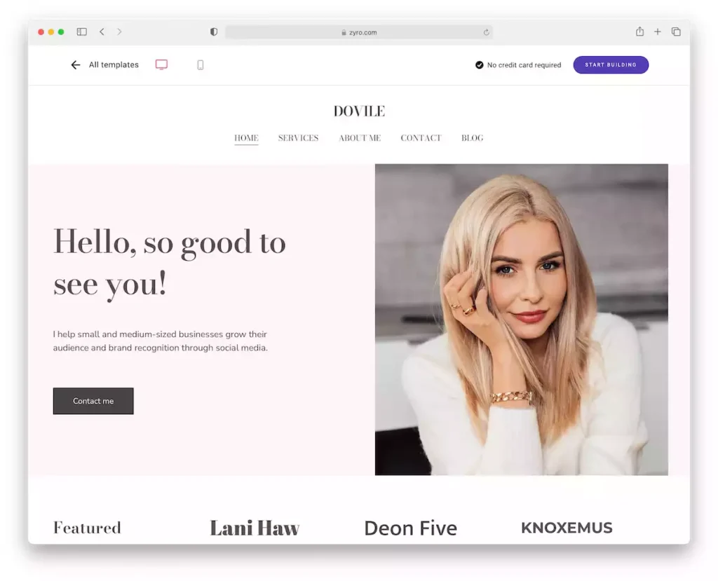 Elegantes Bewerbungshomepage Design Beispiel für Freelancerin im Bereich Social Media mit Porträt und Call-to-Action