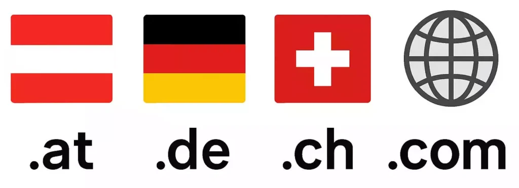 Länderflaggen Österreich, Deutschland, Schweiz und Weltkugel – passende Domainendungen für Lebenslauf-Website .at, .de, .ch und .com