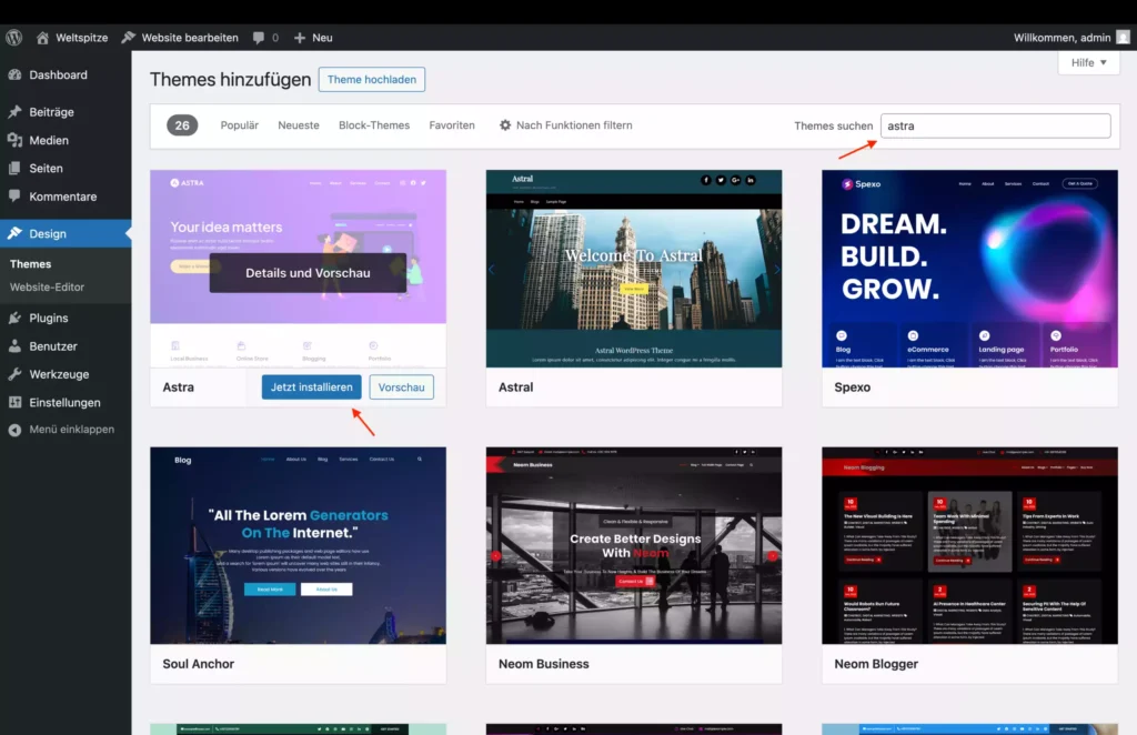 Schritt 2: Astra-Theme in WordPress installieren – Lebenslauf Website erstellen