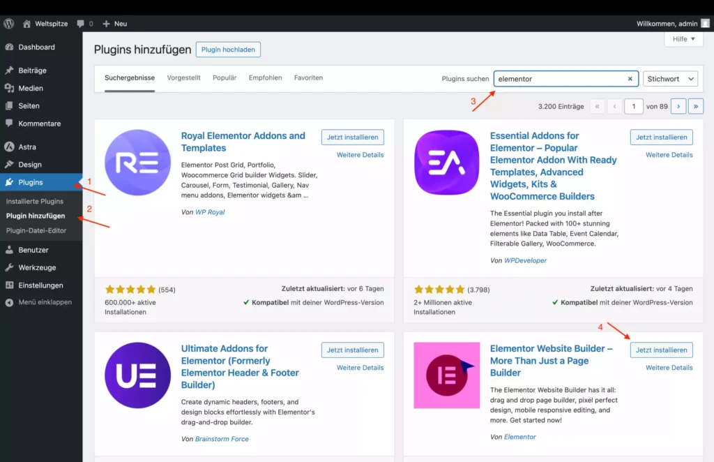 Schritt 3: Elementor Plugin in WordPress suchen und installieren – Lebenslauf Website erstellen