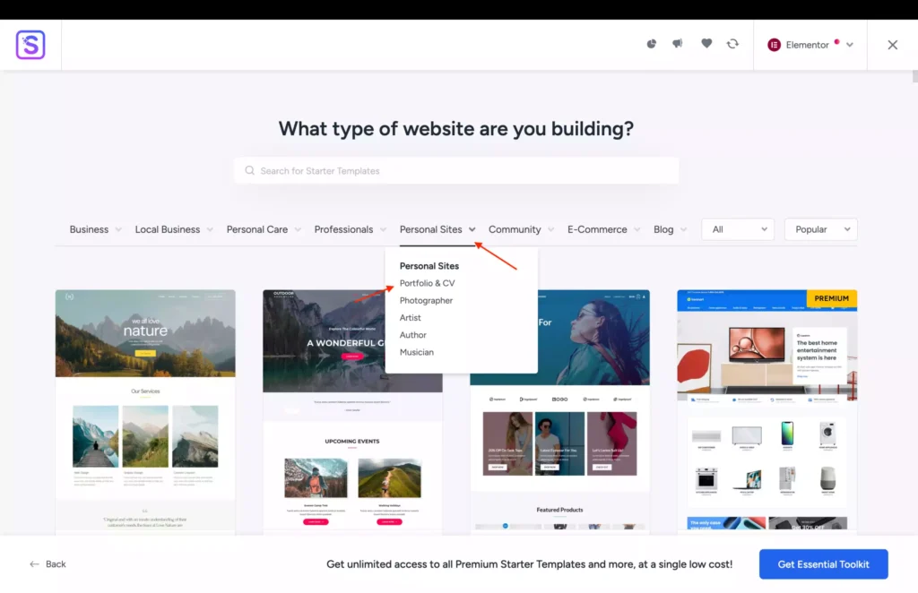 Schritt 4: Portfolio & CV Layout aus Starter Templates auswählen – Lebenslauf Website erstellen
