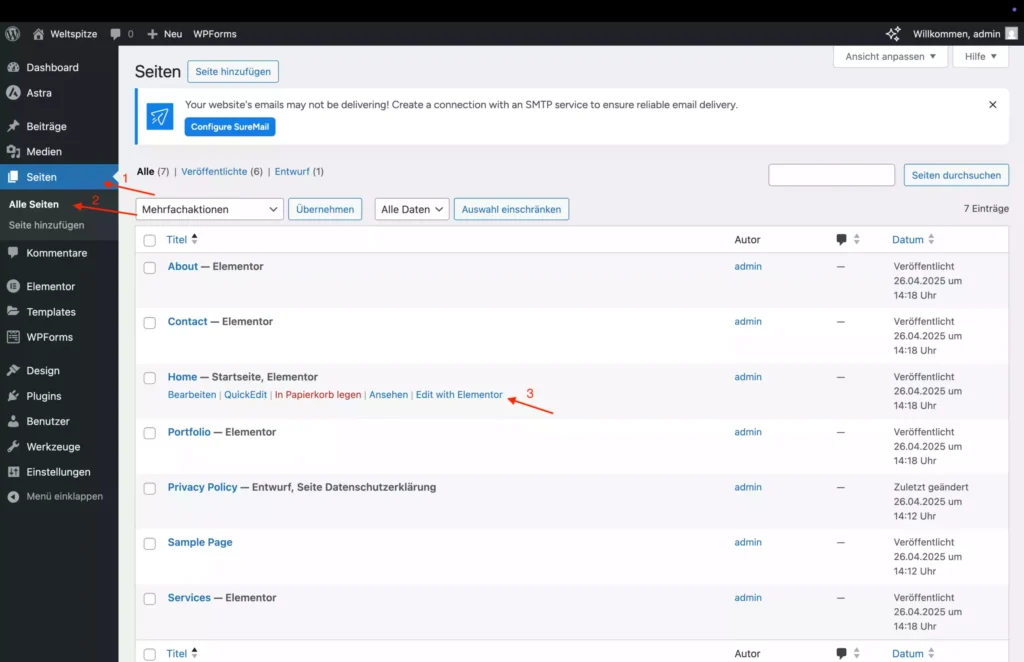 Schritt 7: WordPress Dashboard – Seitenübersicht und Bearbeitung mit Elementor