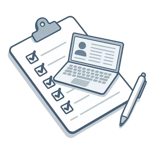 Klemmbrett mit Checkliste, Laptop und Stift – Bewerbungshomepage richtig planen