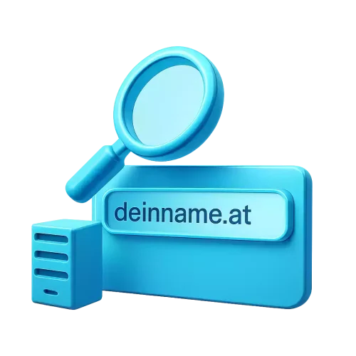 Domain für Bewerbungshomepage wählen – Lupe mit „deinname.at“-Domain