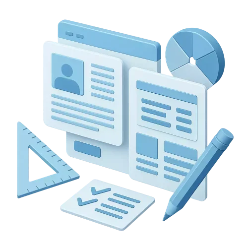 Symbolische Darstellung von Bewerbungshomepage-Designs mit UI-Elementen, Checkliste, Lineal und Stift