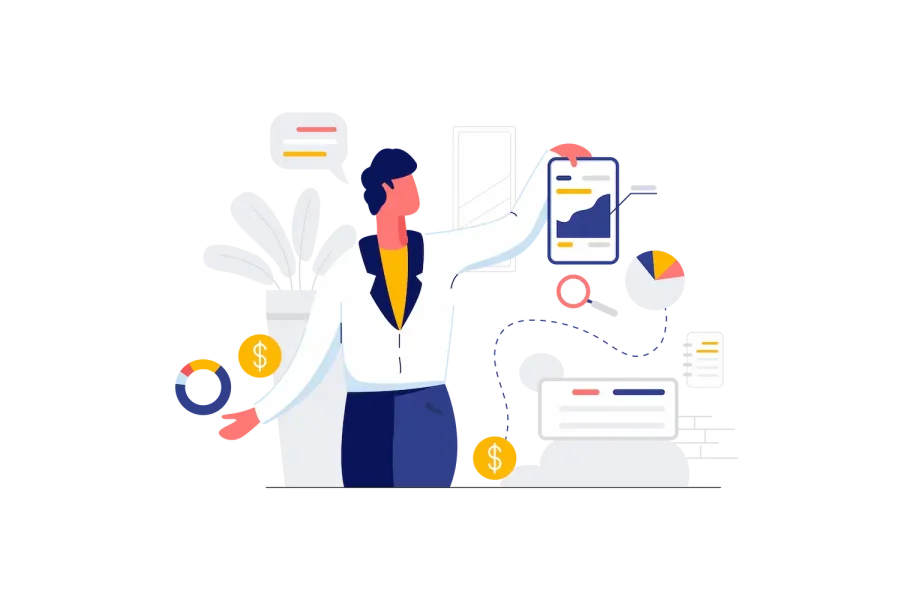 Illustration eines Online Marketing-Experten mit Diagrammen, Charts und digitalen Tools – symbolisiert unsere Arbeit als Online Marketing Agentur Wien