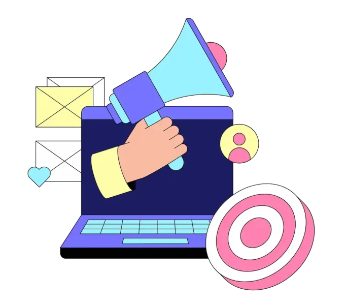 Illustration mit Laptop, Megafon und Zielscheibe – symbolisiert erfolgreiche Ads Kampagnen durch deine SEA Agentur Wien