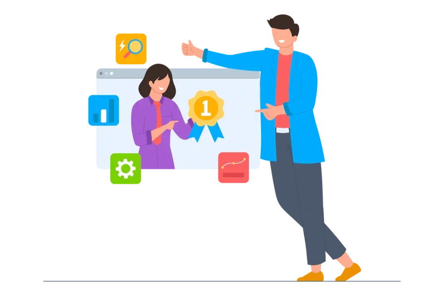 Illustration eines Teams, das durch erfolgreiche Website-Optimierung Platz 1 bei Google erreicht – SEO Agentur Wien